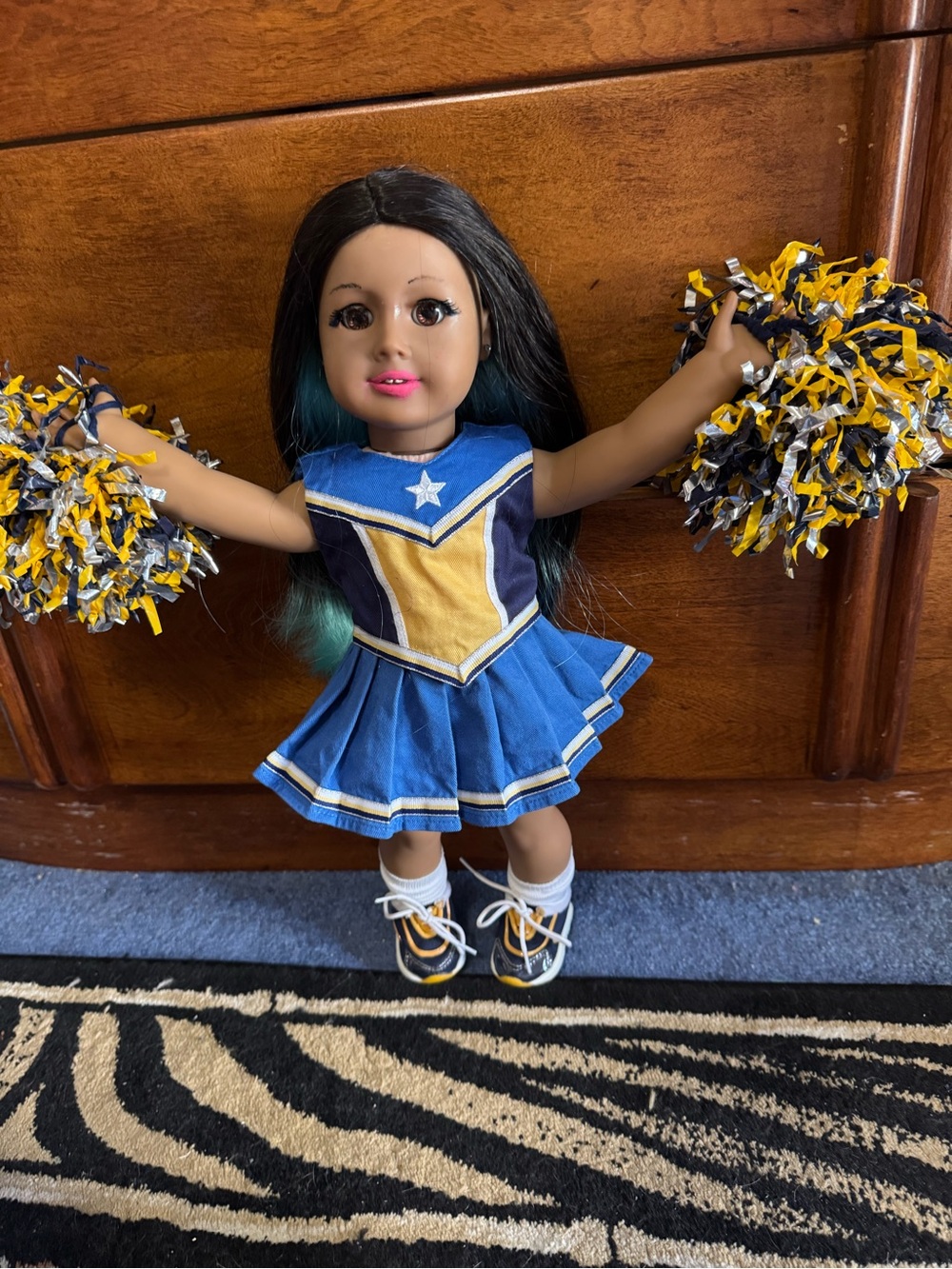 American Girl Blue and Gold Cheer Uniform with Pom Poms